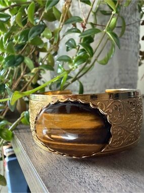Ornate Tiger Eye Style Gold Tone Statement Cuff Bracelet